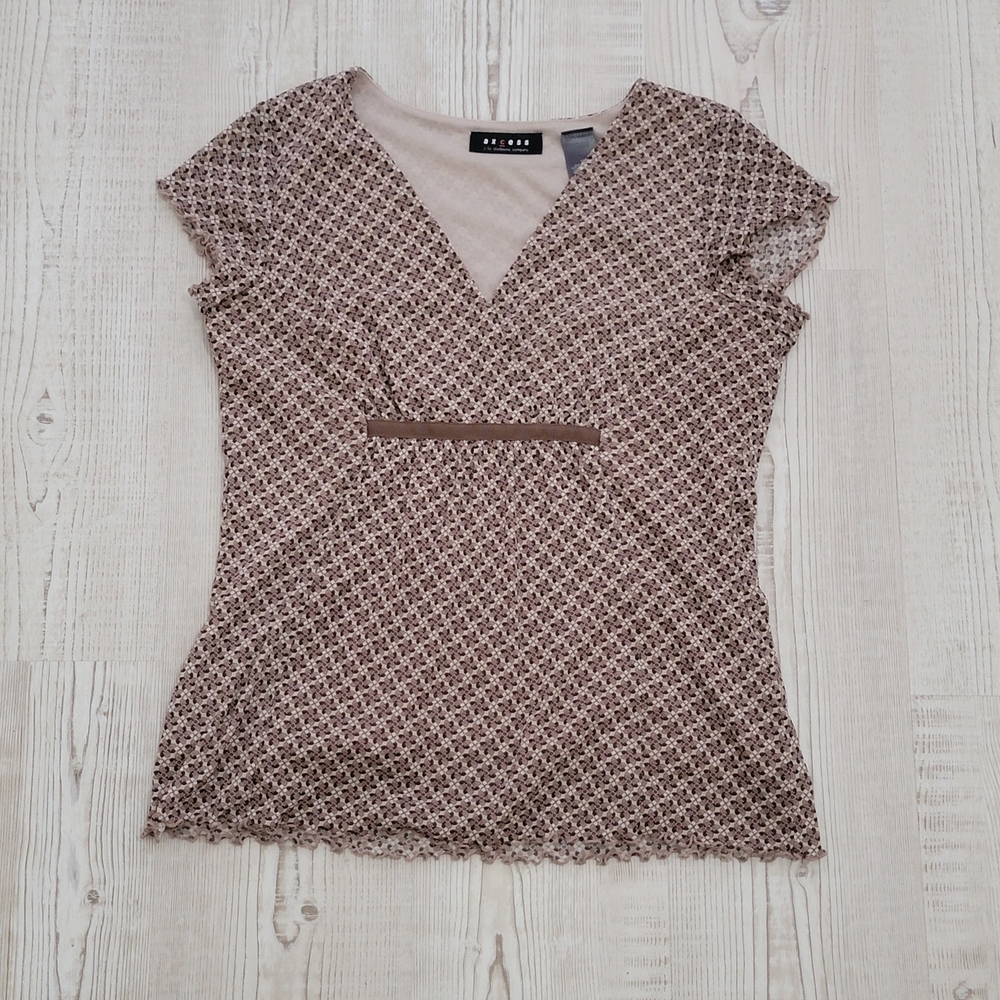 Vintage Retro Y2K Axcess Beige and Brown Geometric Floral Boho Babydoll Blouse